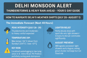 Delhi Monsoon Alert: Thunderstorms & Heavy Rain Ahead – Your 5-Day Guide 1 Delhi Monsoon Alert: Thunderstorms & Heavy Rain Ahead – Your 5-Day Guide