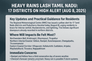 Heavy Rains Lash Tamil Nadu: 17 Districts on High Alert (Aug 8, 2025)